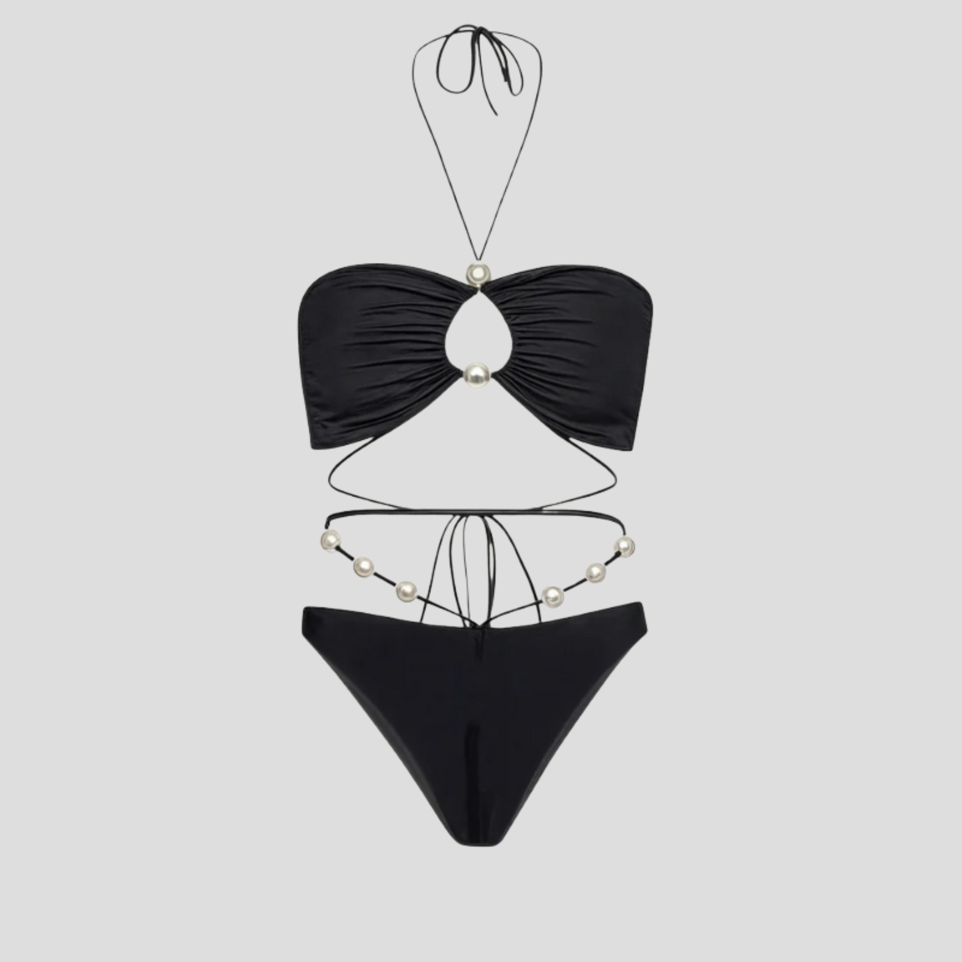 Black bikini set with pearl details and adjustable wraparound ties