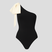 Black one-shoulder one-piece swimsuit with asymmetric neckline and contoured sculpting lines