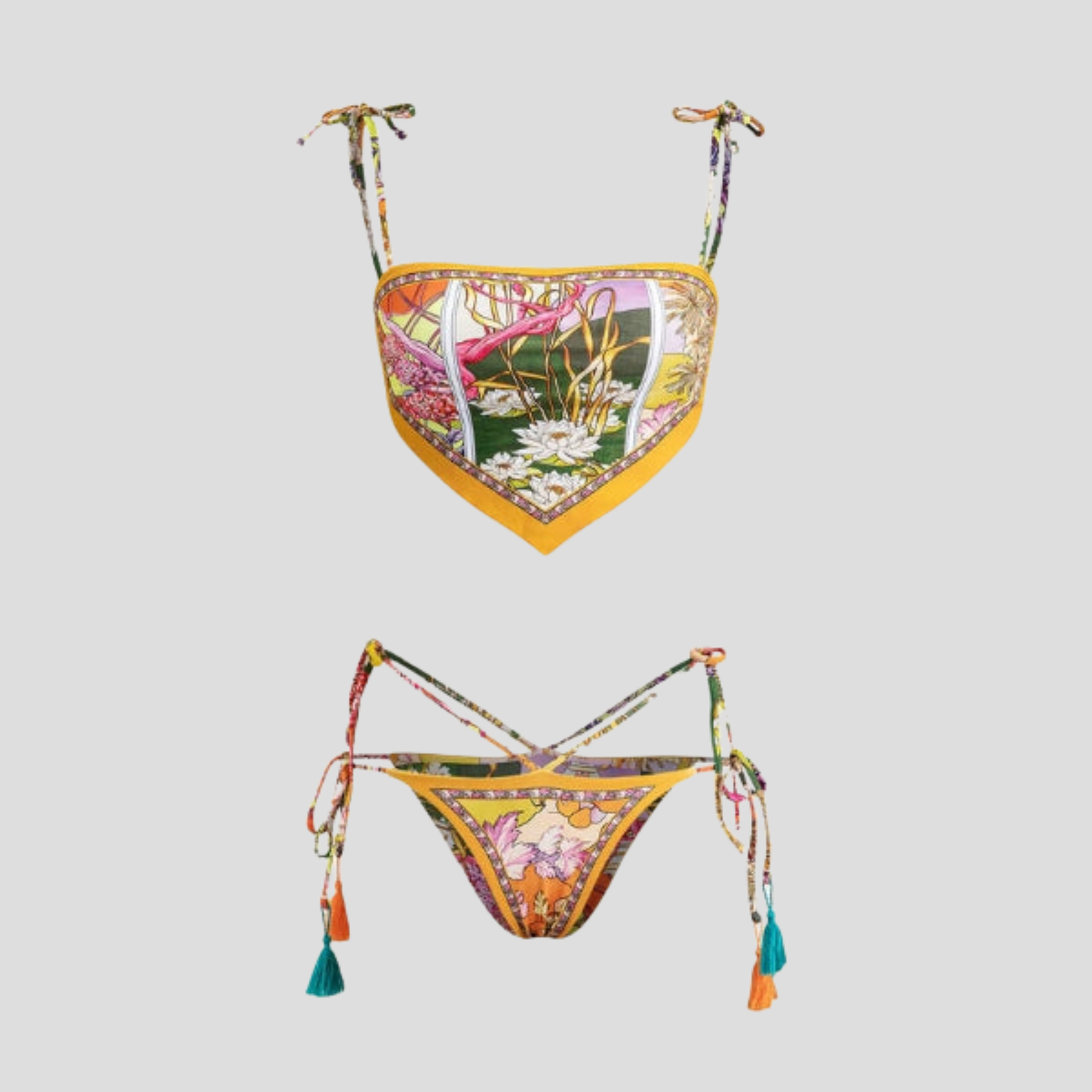 Women's multicolor botanical print bikini set with scarf-hem top and side-tie bottoms