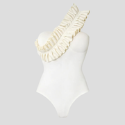 Women's white one-shoulder one-piece swimsuit with ruffle detail and contoured fit