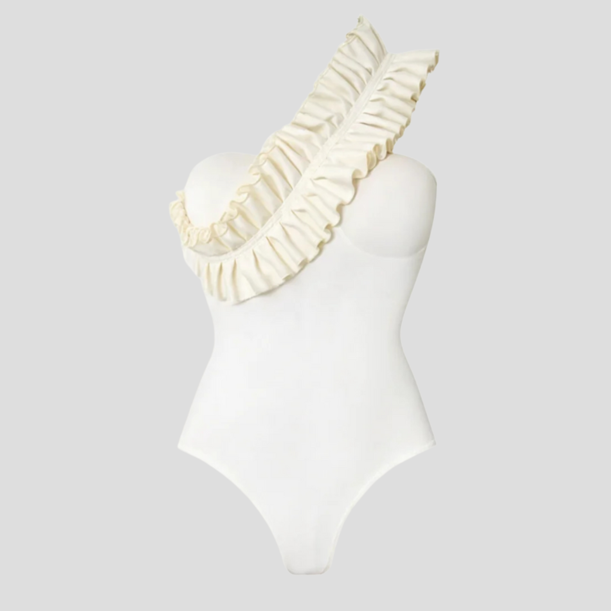 Women's white one-shoulder one-piece swimsuit with ruffle detail and contoured fit