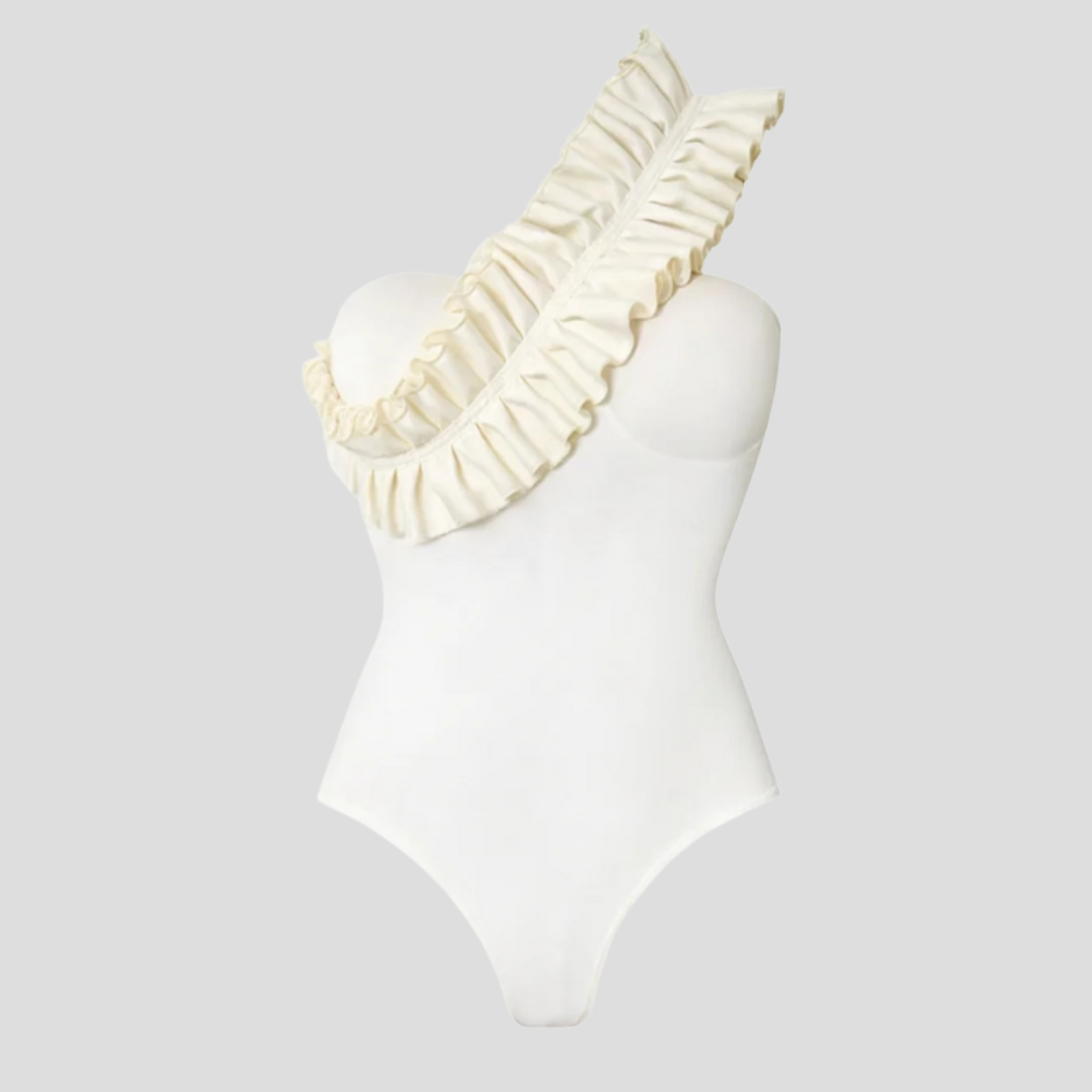 Women's white one-shoulder one-piece swimsuit with ruffle detail and contoured fit