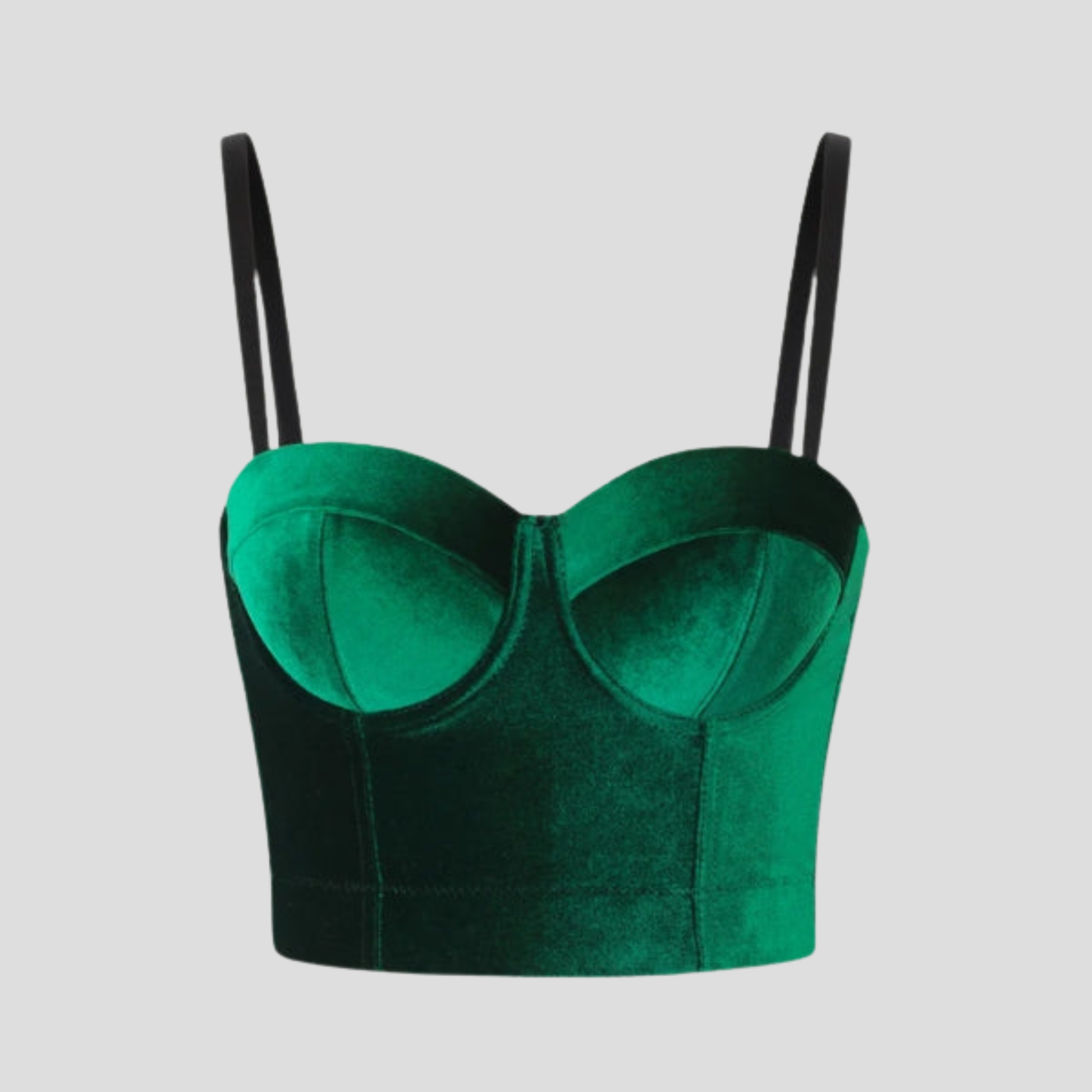 Green corset-bustier top with shaped cups and slim straps for occasion wear