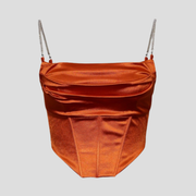 Orange corset cami top with draped neckline and embellished straps for occasion wear