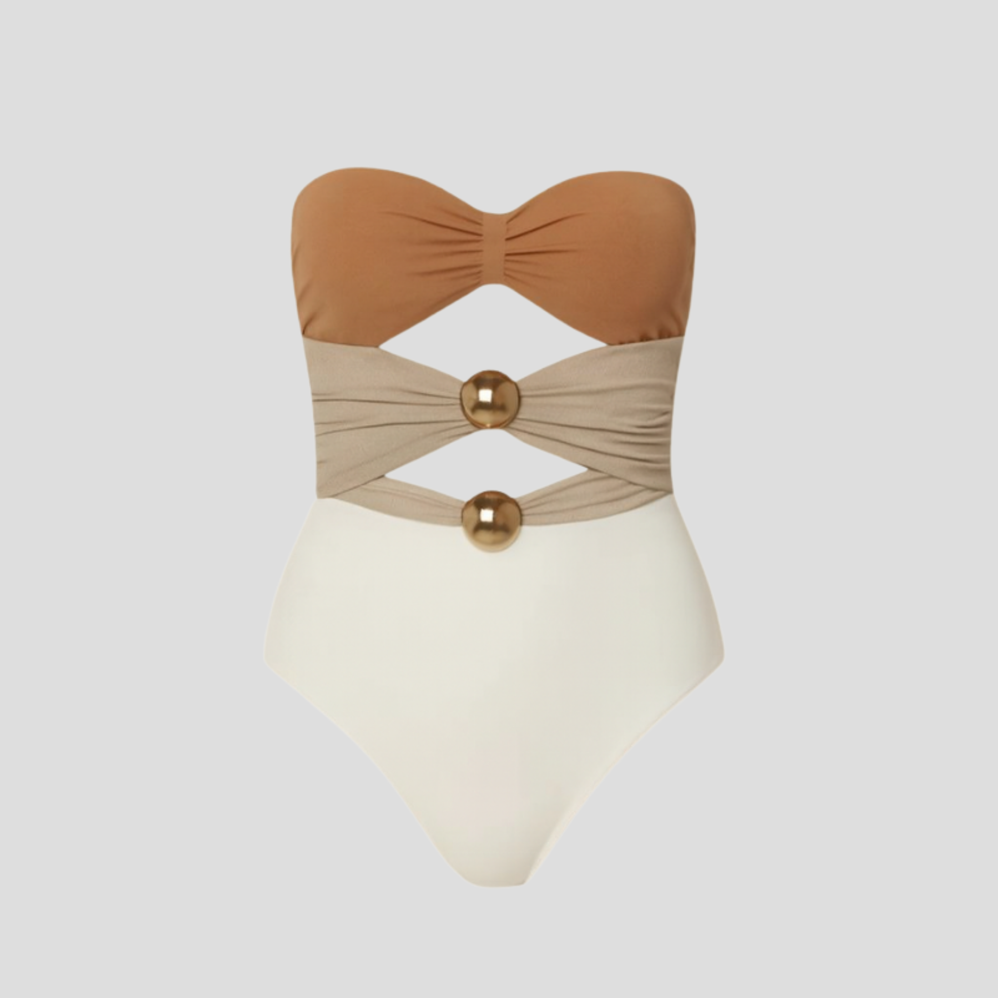 White bandeau one-piece swimsuit with cut-out waist detail and metallic accents