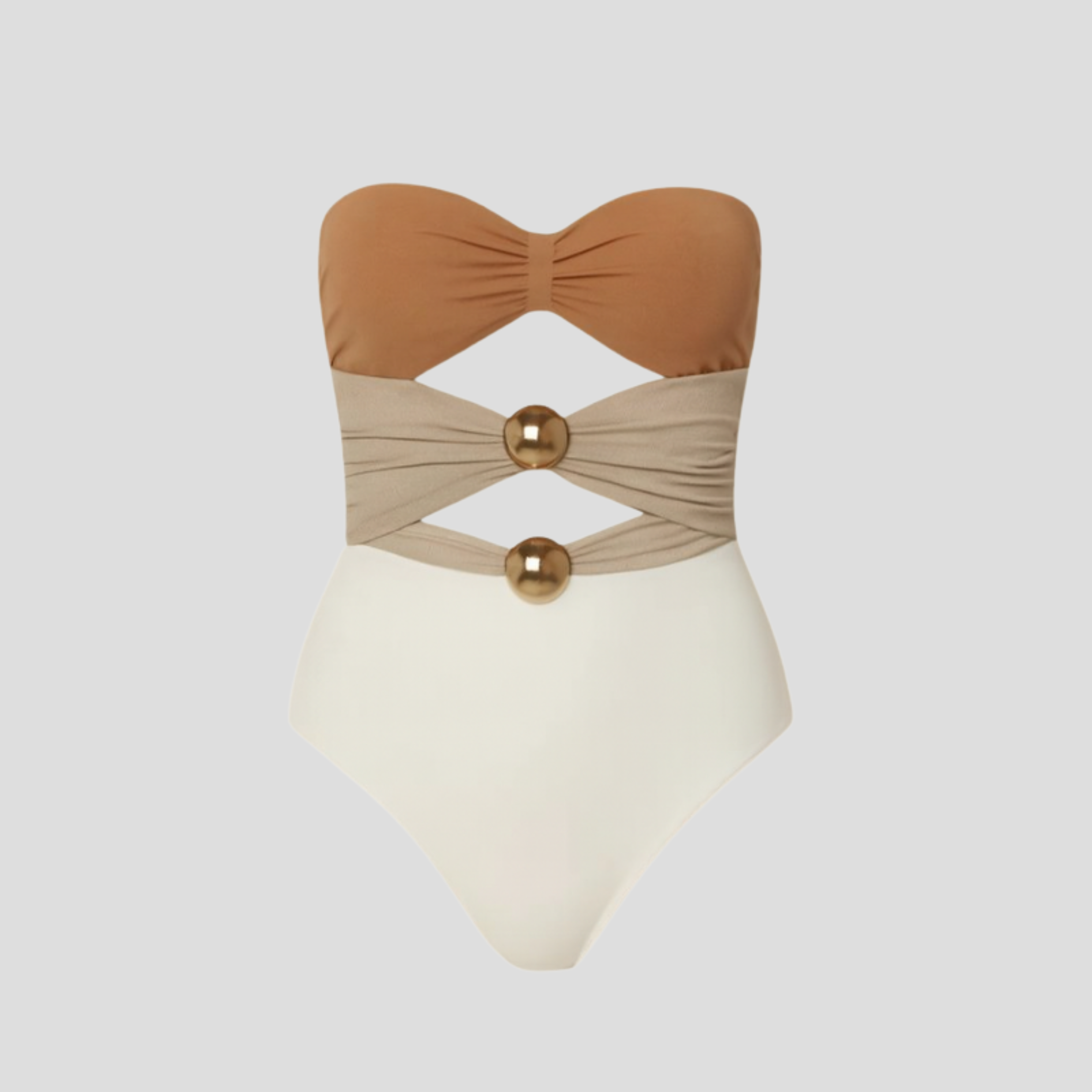 White bandeau one-piece swimsuit with cut-out waist detail and metallic accents