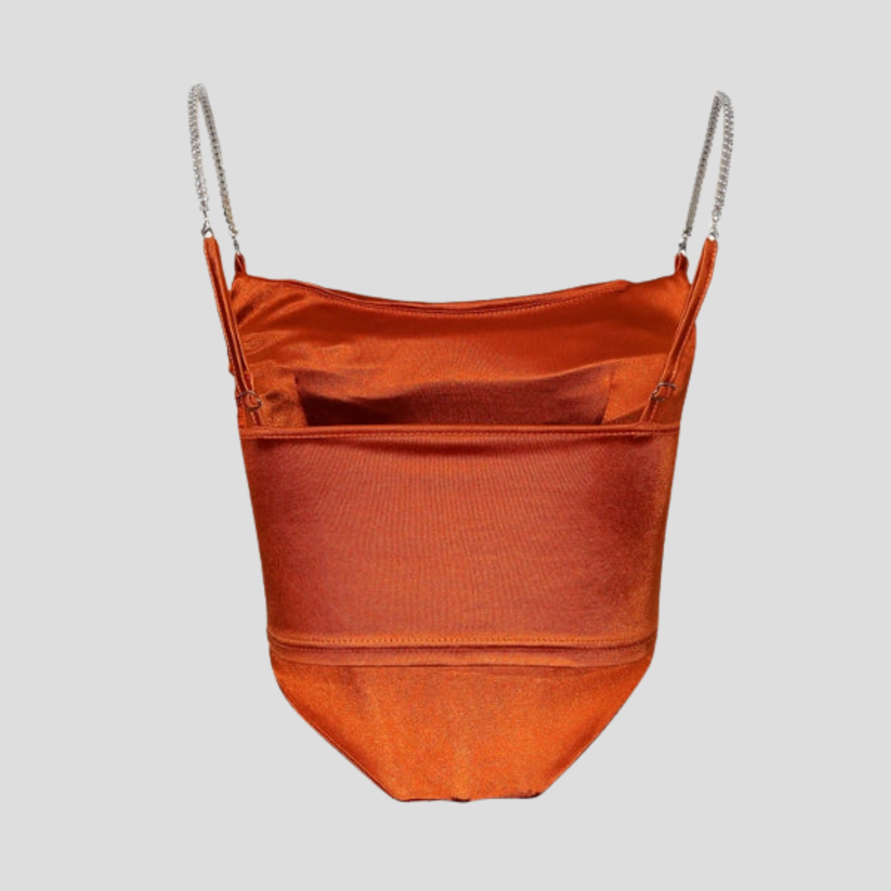 Orange corset cami top with draped neckline and embellished straps for occasion wear