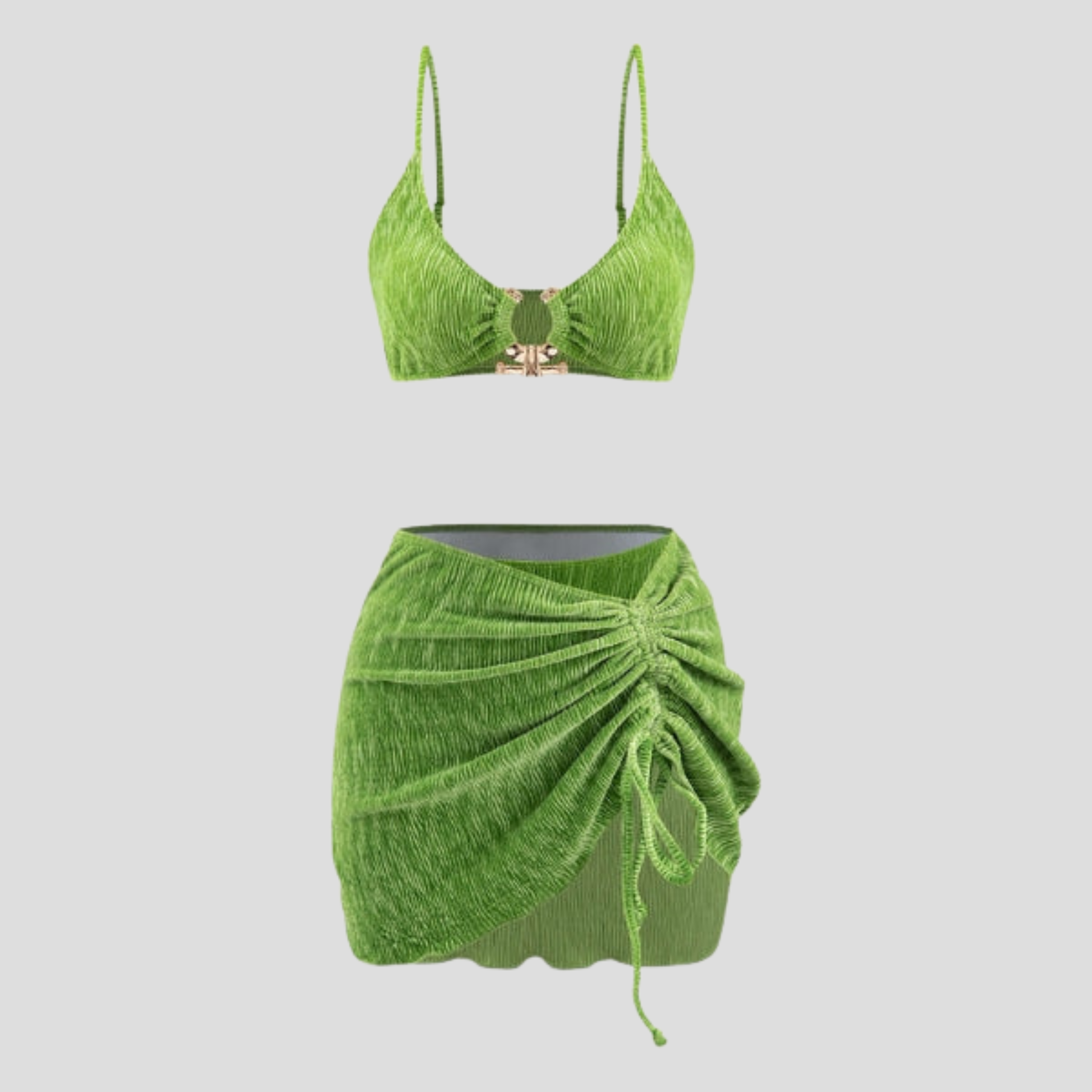 Women's three-piece resort set with ruched bikini top, high-waisted bottoms, and drawstring mini skirt