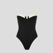 Black one-piece women's swimsuit with contrast trim and sculpted neckline