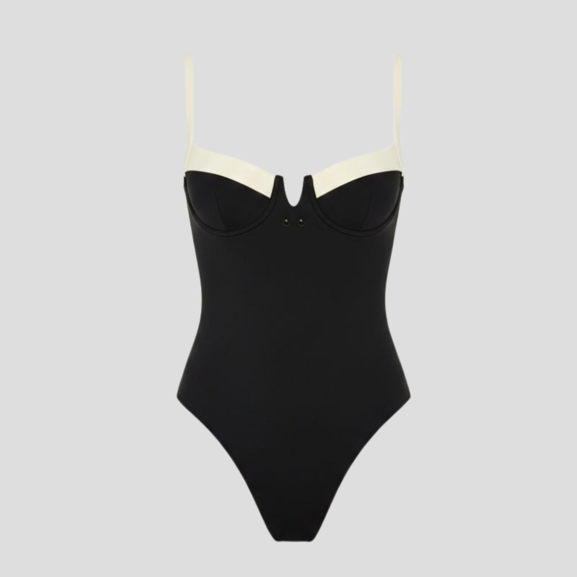 Black one-piece women's swimsuit with contrast trim and sculpted neckline