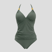 Women halter neck ruched tankini swimwear set with gold-tone hardware