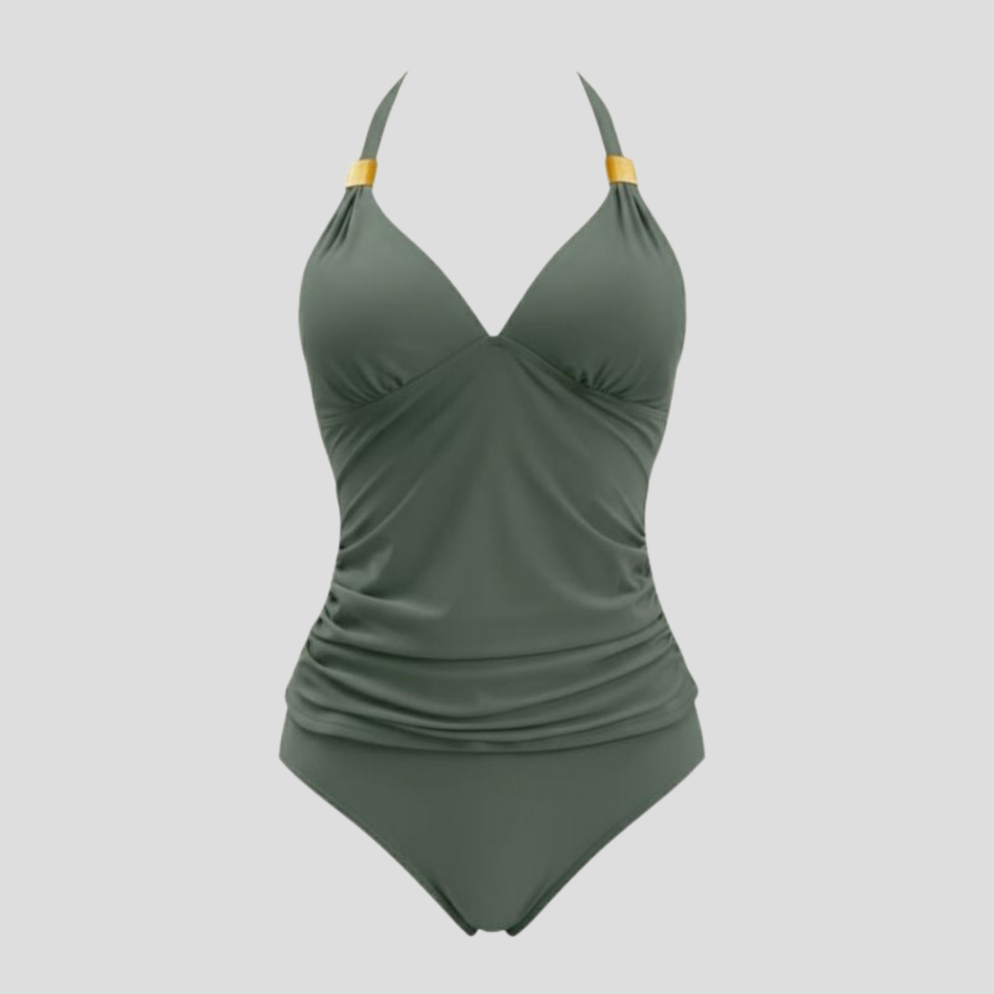 Women halter neck ruched tankini swimwear set with gold-tone hardware