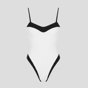 Beige color-block one-piece swimsuit with adjustable spaghetti straps and high-cut silhouette