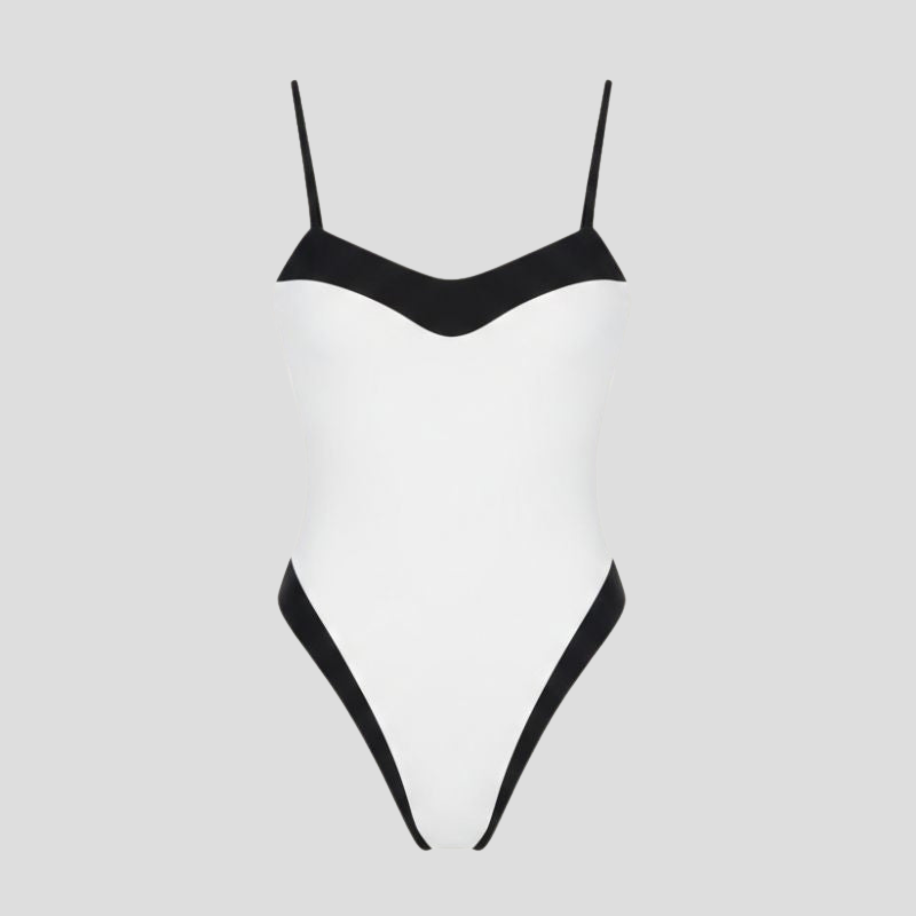 Beige color-block one-piece swimsuit with adjustable spaghetti straps and high-cut silhouette