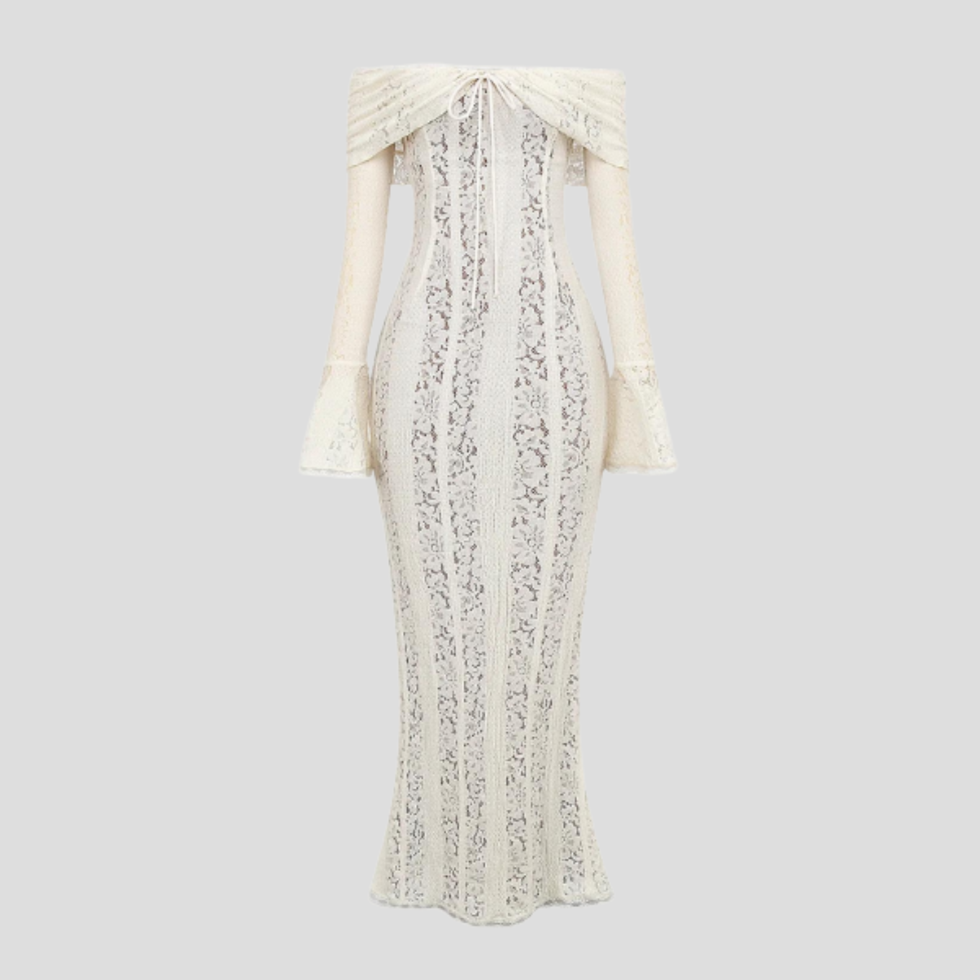 White off-shoulder floral maxi dress with fluted cuffs and flowing godet skirt
