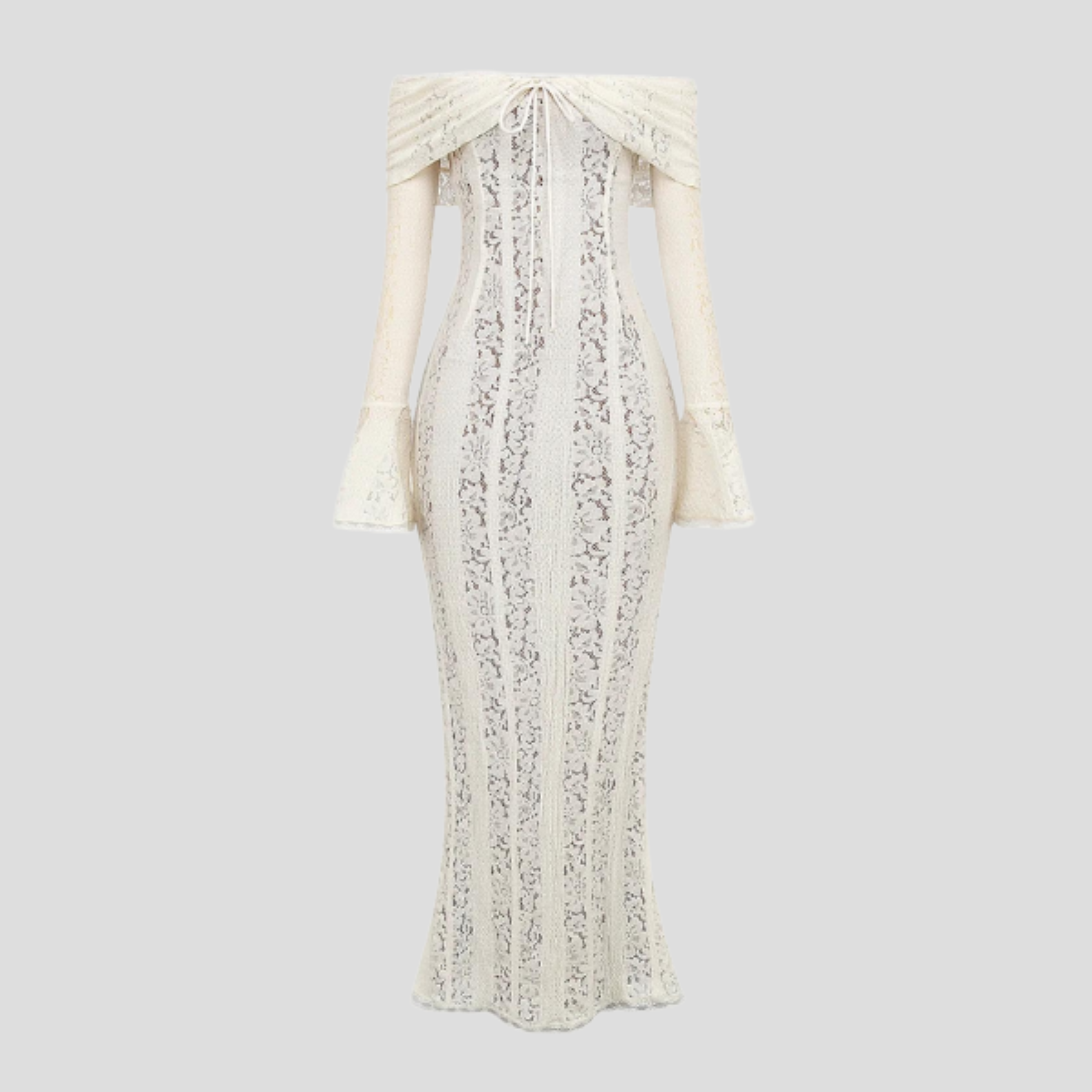 White off-shoulder floral maxi dress with fluted cuffs and flowing godet skirt