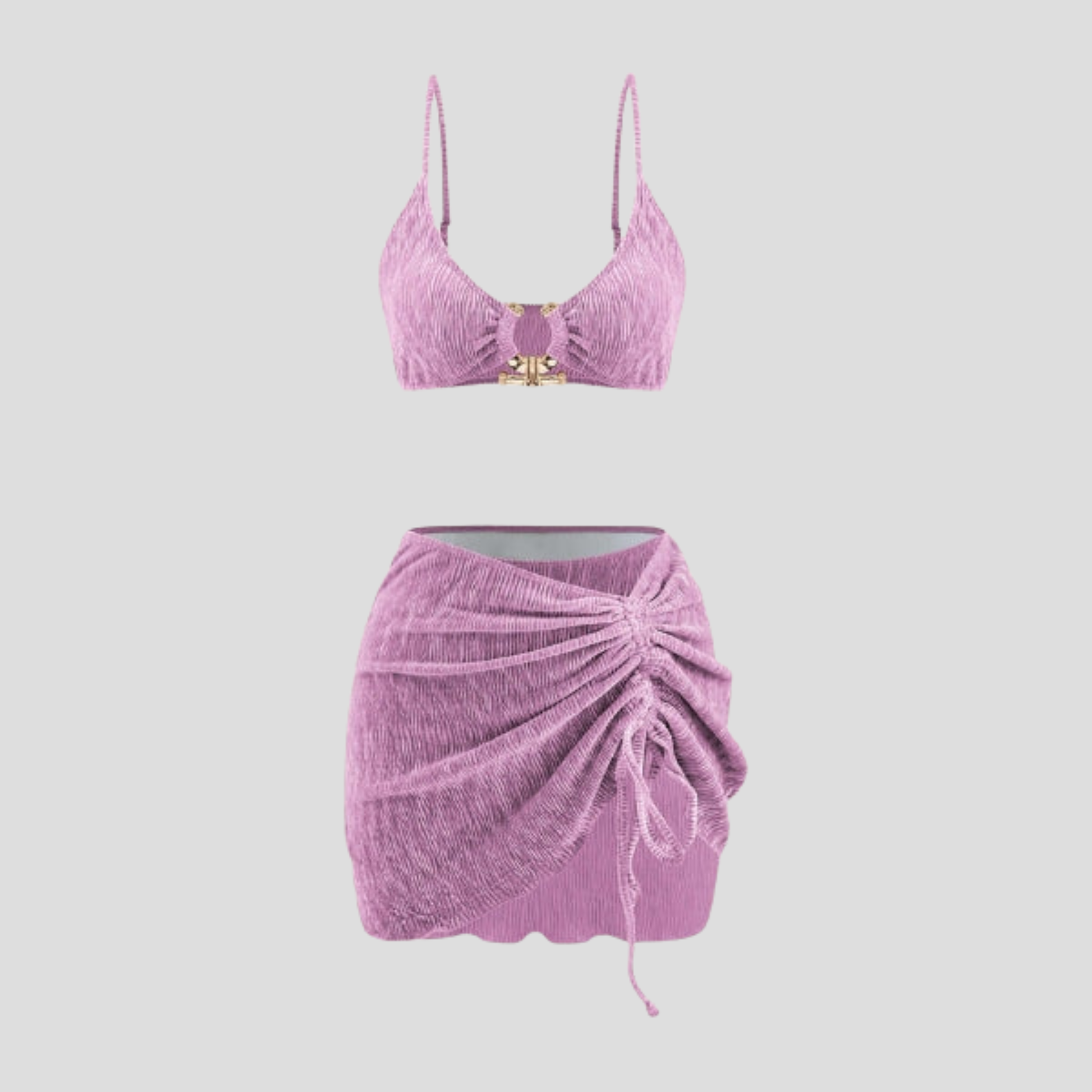Women's three-piece resort set with ruched bikini top, high-waisted bottoms, and drawstring mini skirt