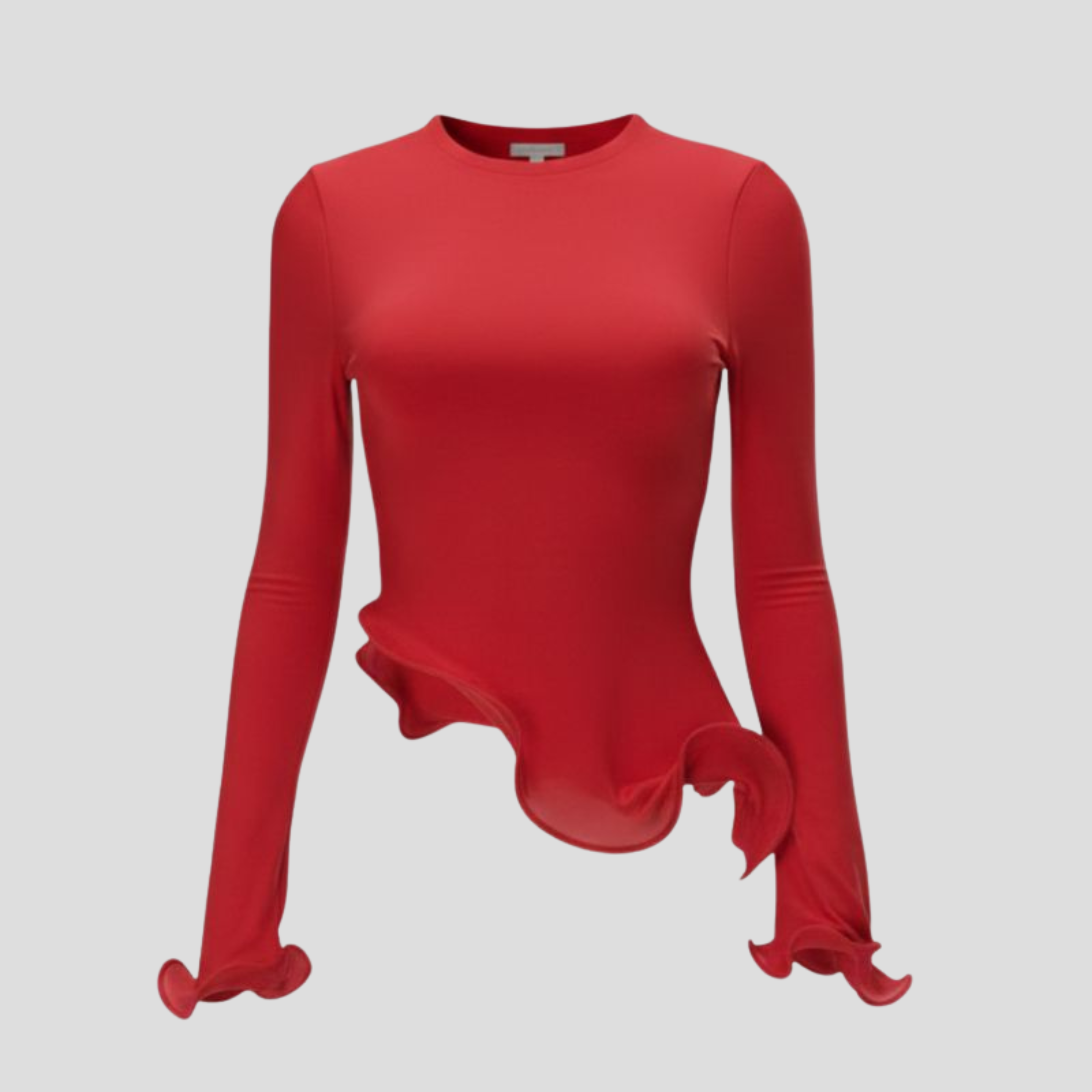 Women's red long-sleeve top with crew neckline and wave hem