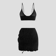 Women's three-piece resort set with ruched bikini top, high-waisted bottoms, and drawstring mini skirt