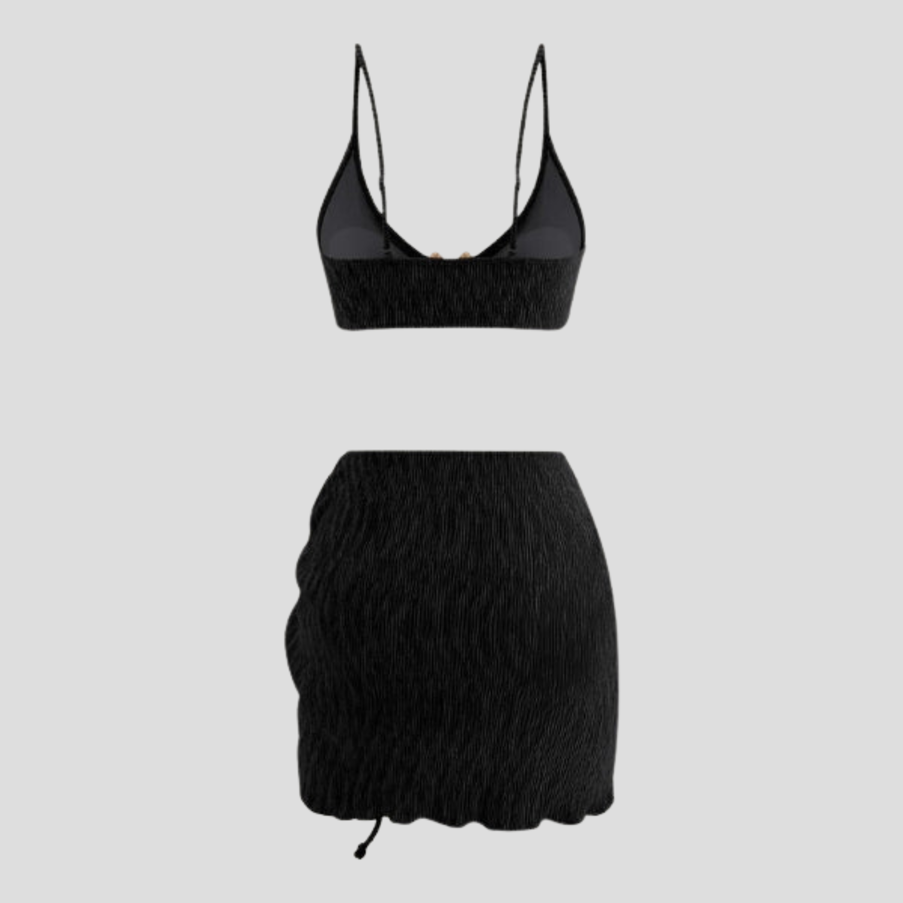 Women's three-piece resort set with ruched bikini top, high-waisted bottoms, and drawstring mini skirt