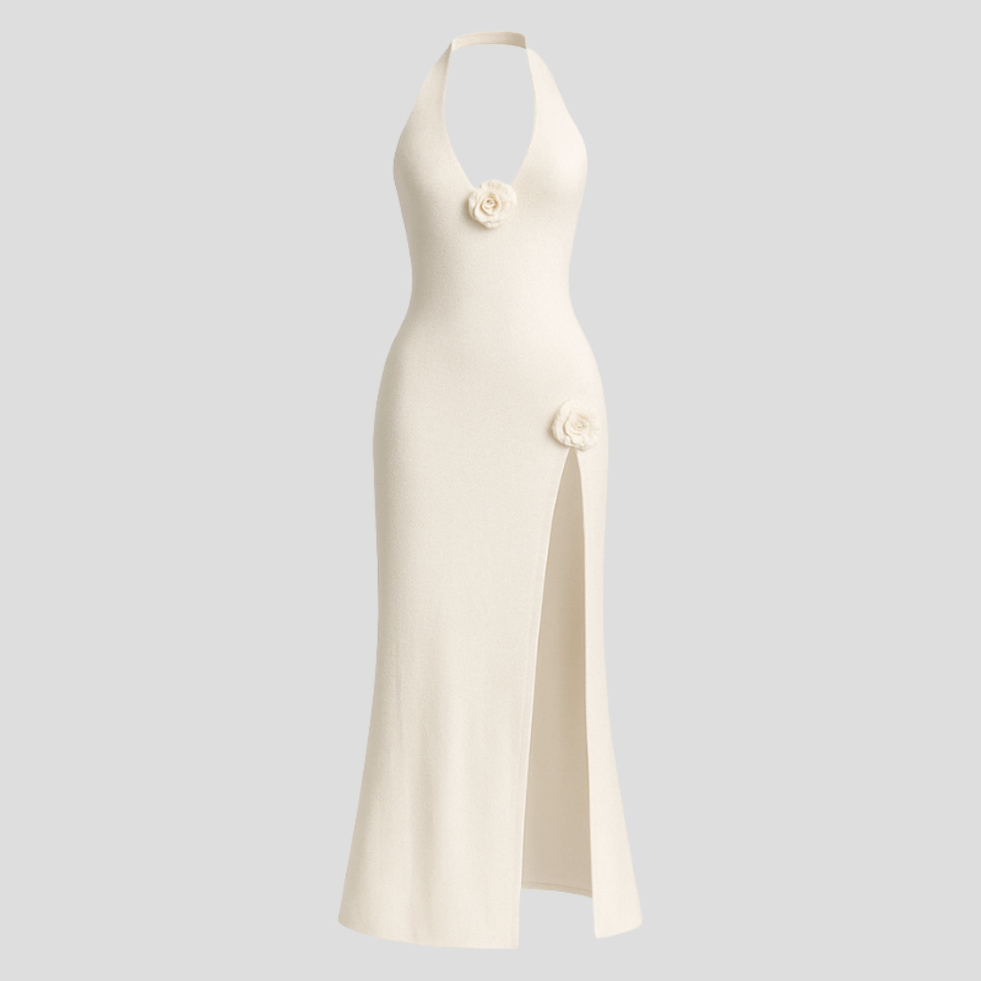 White halter neckline maxi dress with floral appliqué detail and side slit