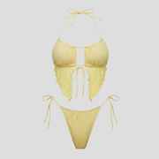 Women's yellow two-piece bikini set with halter top and side-tie bottoms