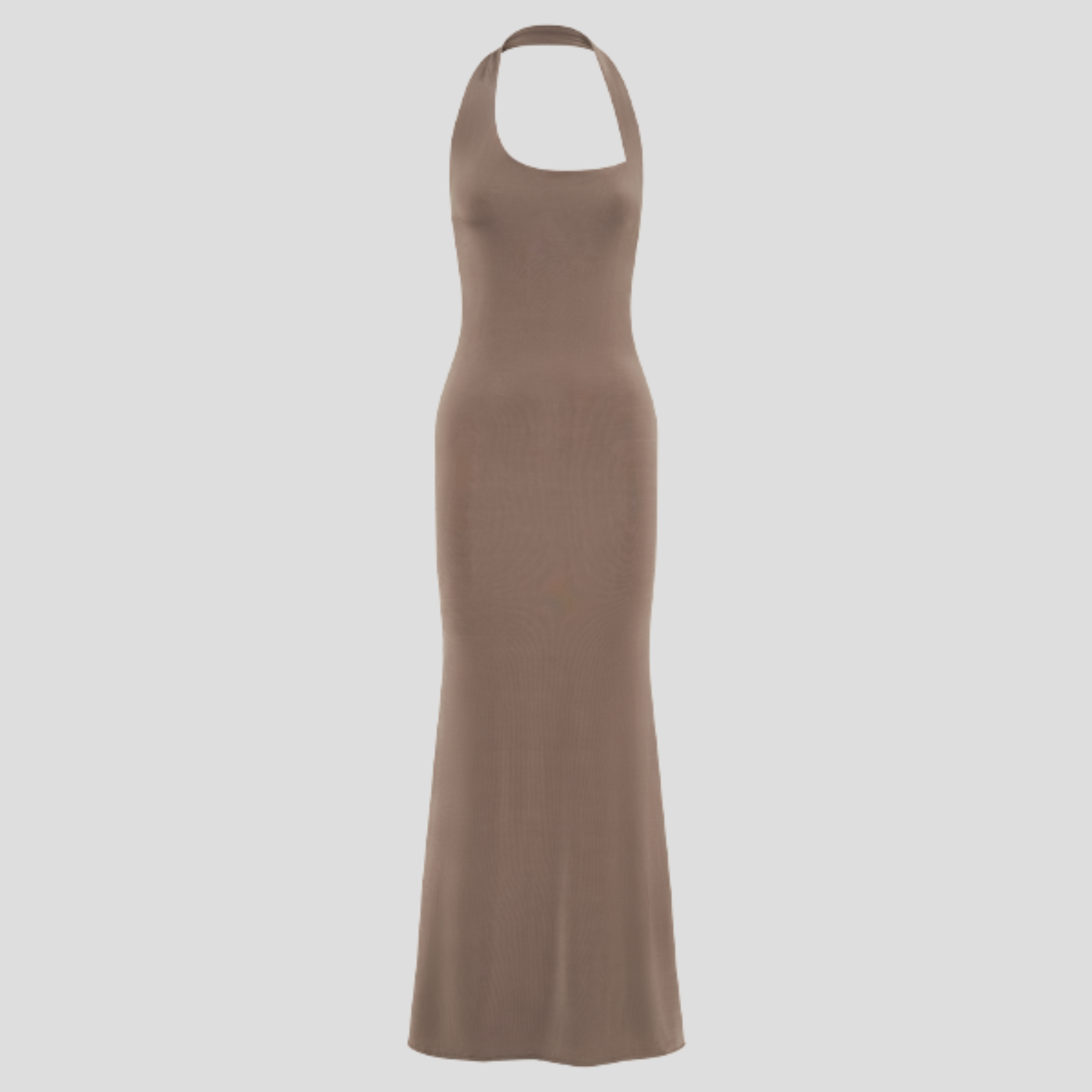 Brown halter neckline maxi dress with draped silhouette and floor-skimming length