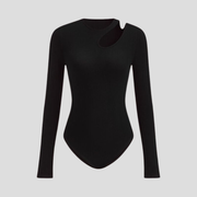Black long-sleeve top with asymmetric neckline and shoulder cutout detail
