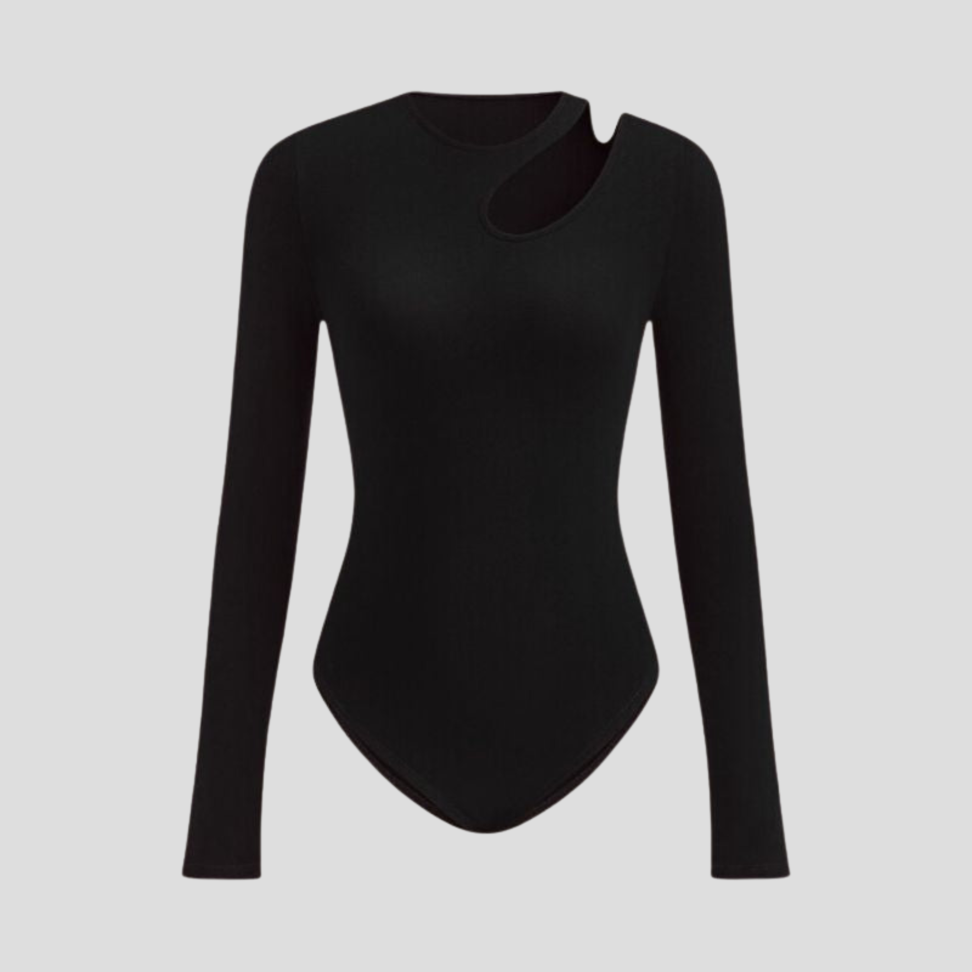 Black long-sleeve top with asymmetric neckline and shoulder cutout detail