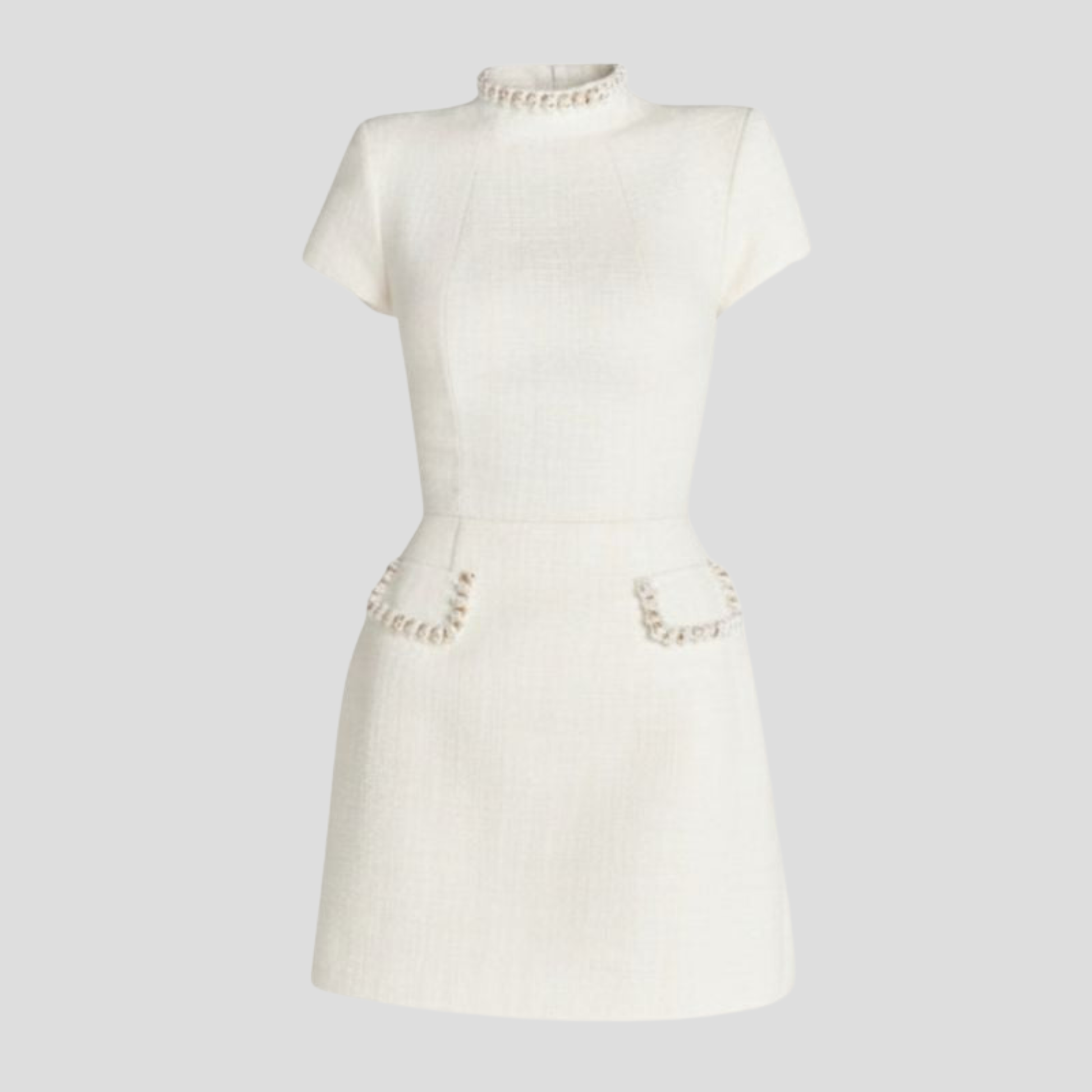 Women's white maxi dress with high neckline and draped flowing skirt