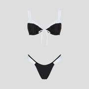 Black ruffle-edge tie-front bikini set with high-cut lines