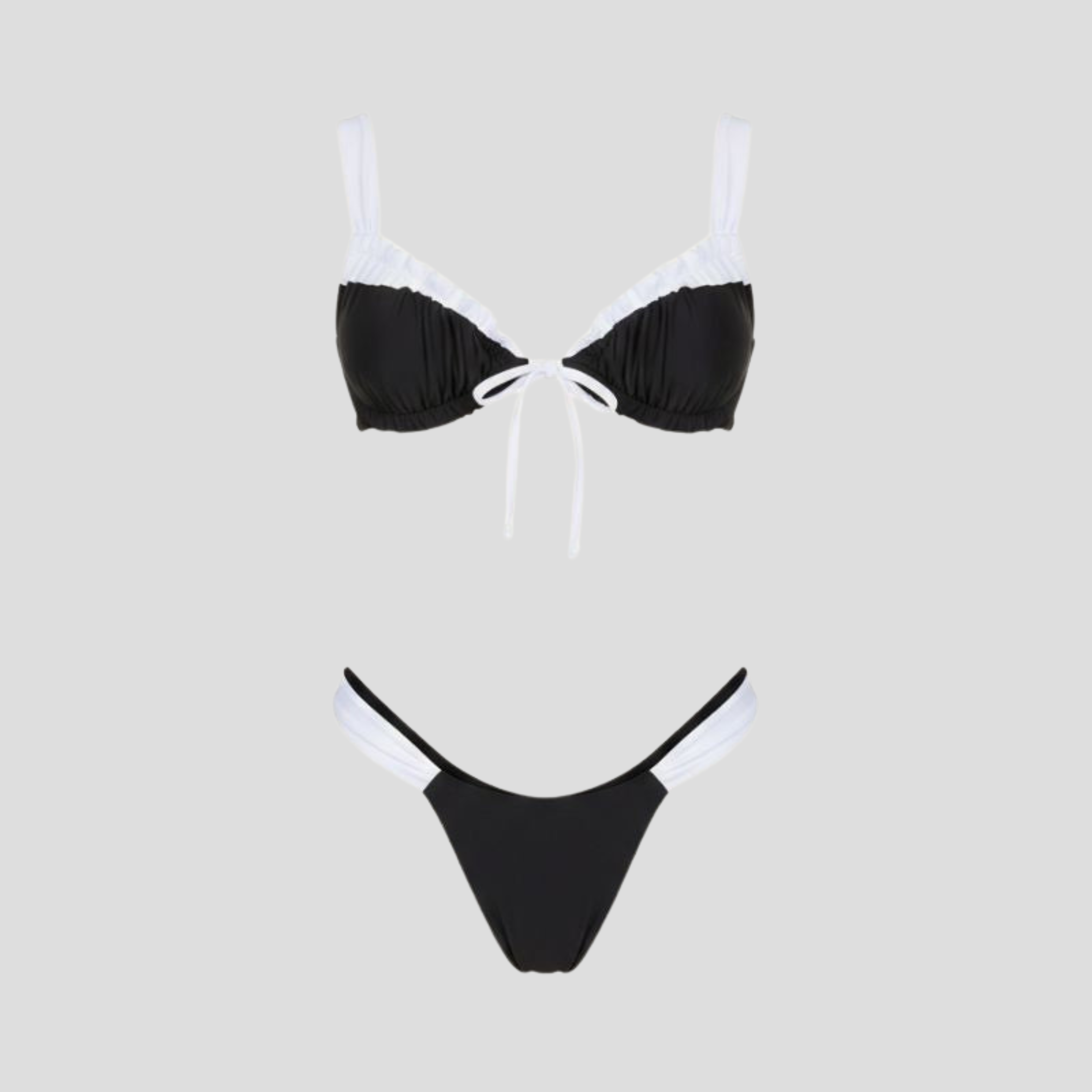Black ruffle-edge tie-front bikini set with high-cut lines