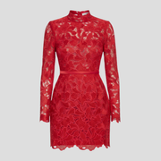 Red high-neck mini dress with lace-style pattern, fitted waist and scalloped hem
