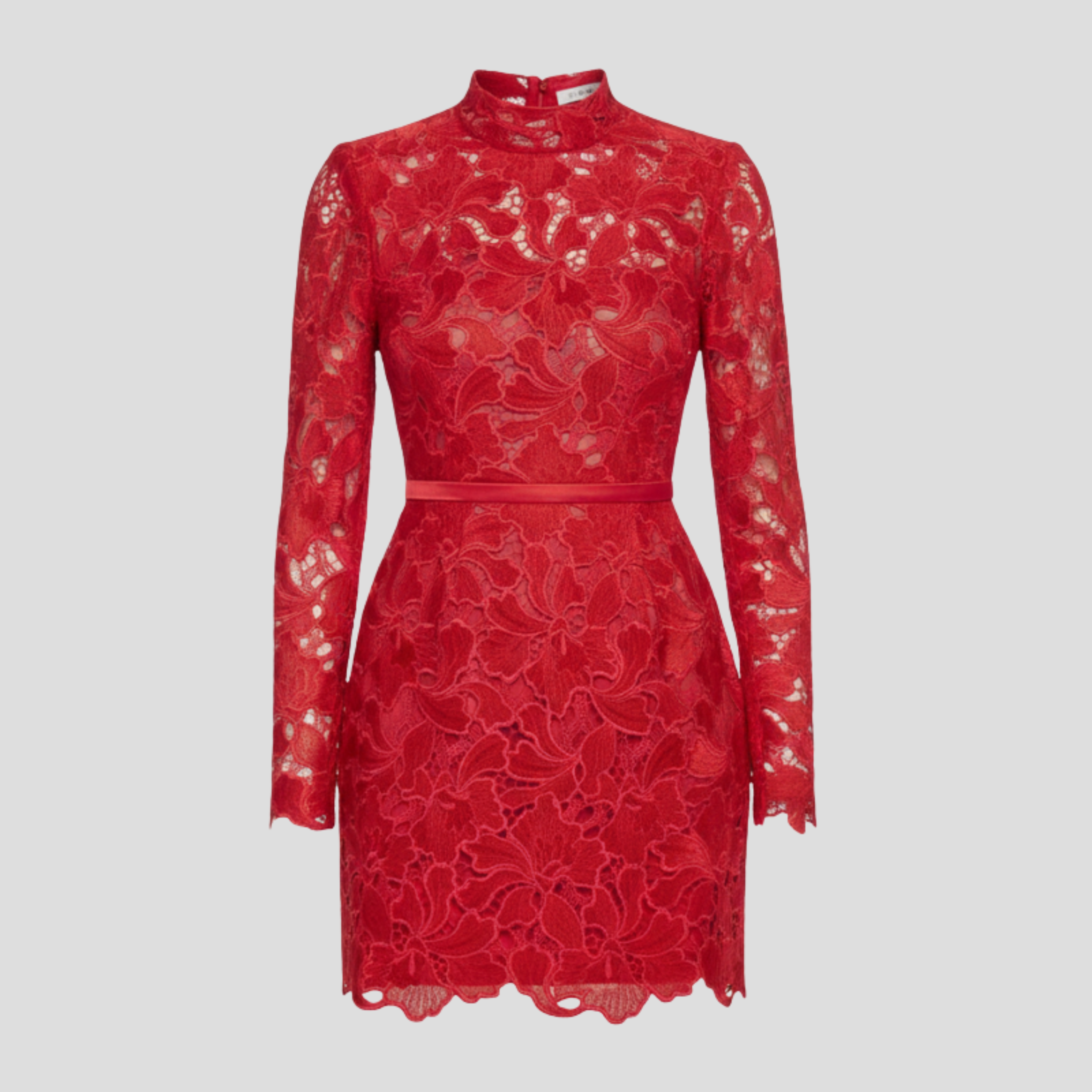 Red high-neck mini dress with lace-style pattern, fitted waist and scalloped hem