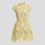 Yellow floral high-neck mini dress with scalloped sleeves and hem
