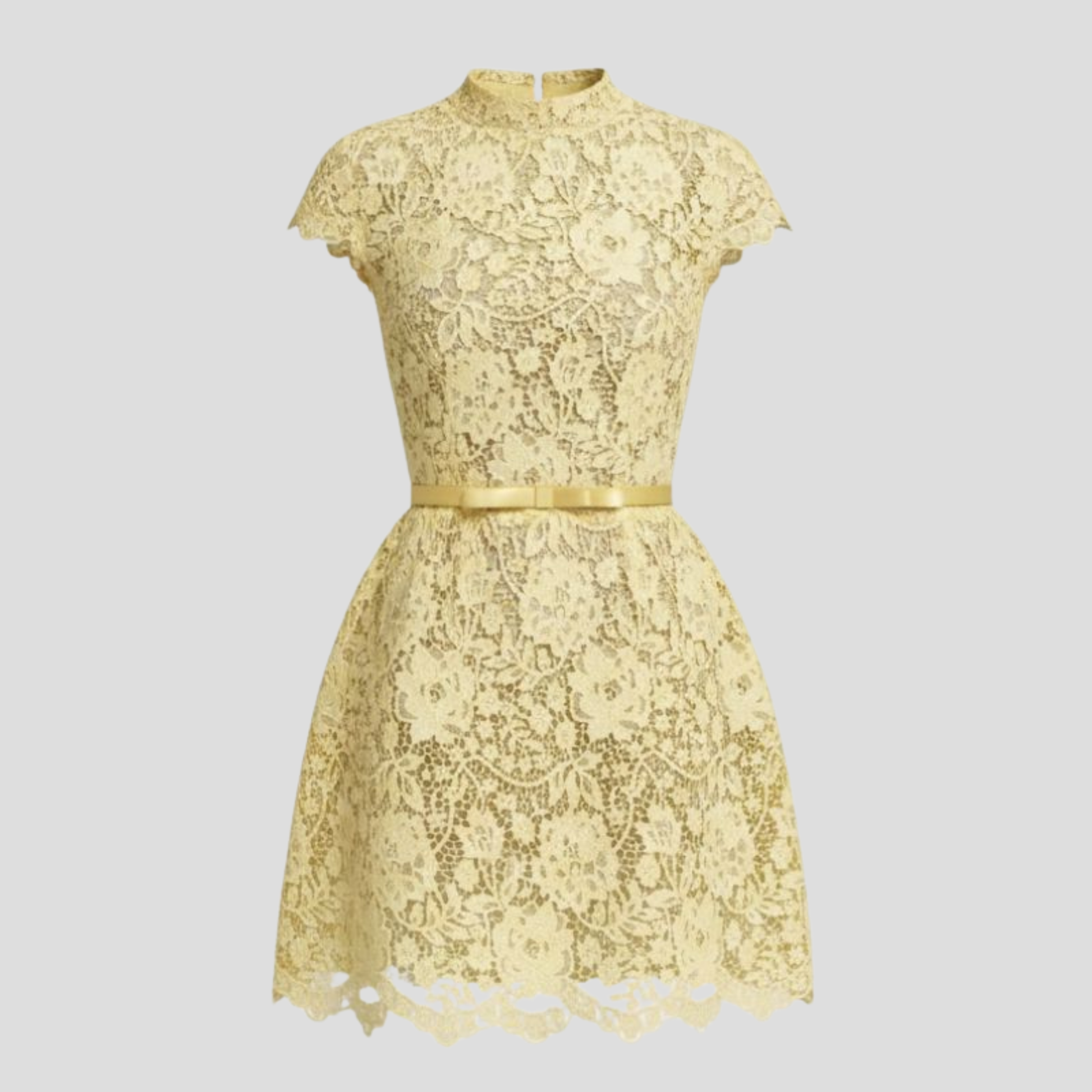 Yellow floral high-neck mini dress with scalloped sleeves and hem