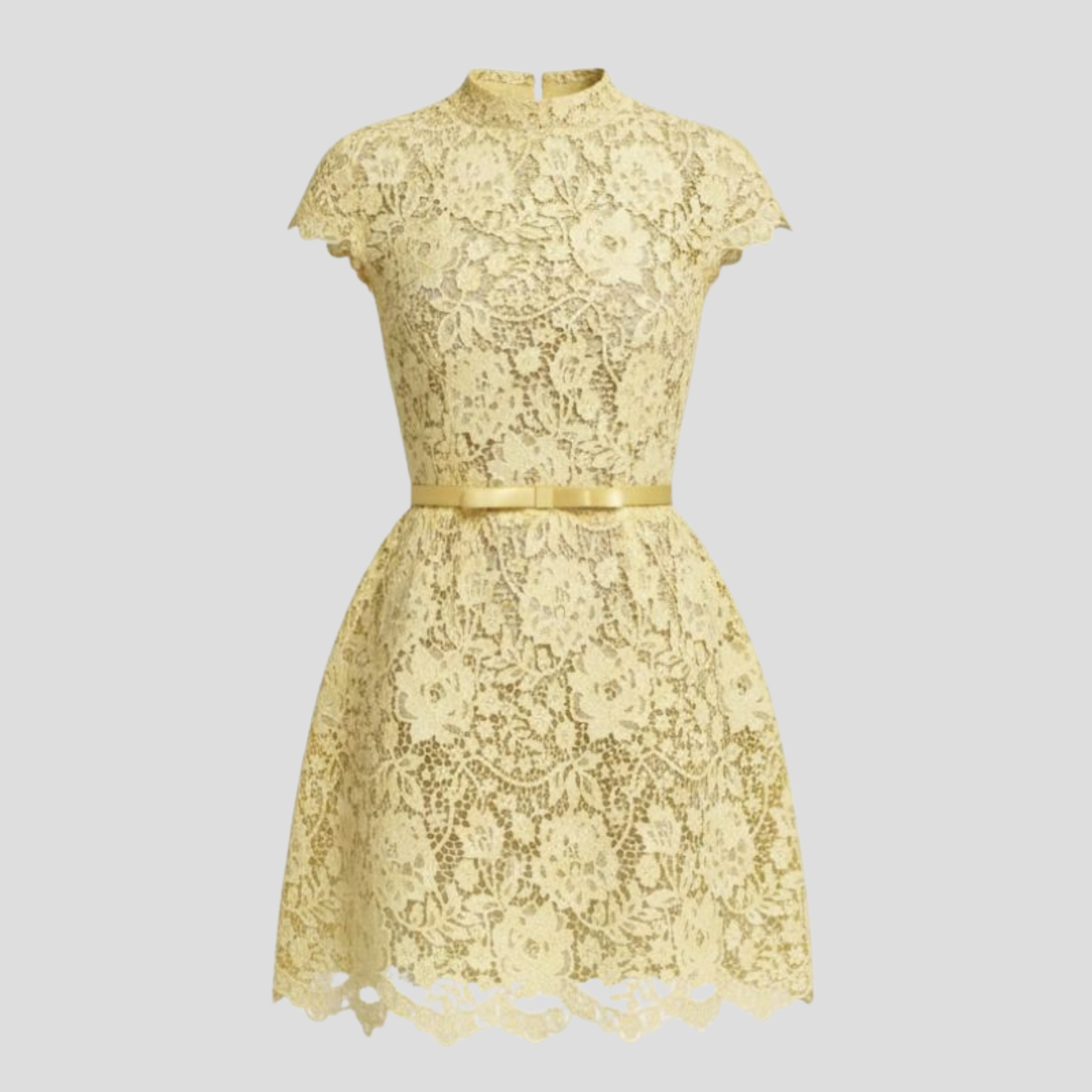 Yellow floral high-neck mini dress with scalloped sleeves and hem
