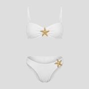 White bandeau bikini set with metallic star accent and high-cut bottoms