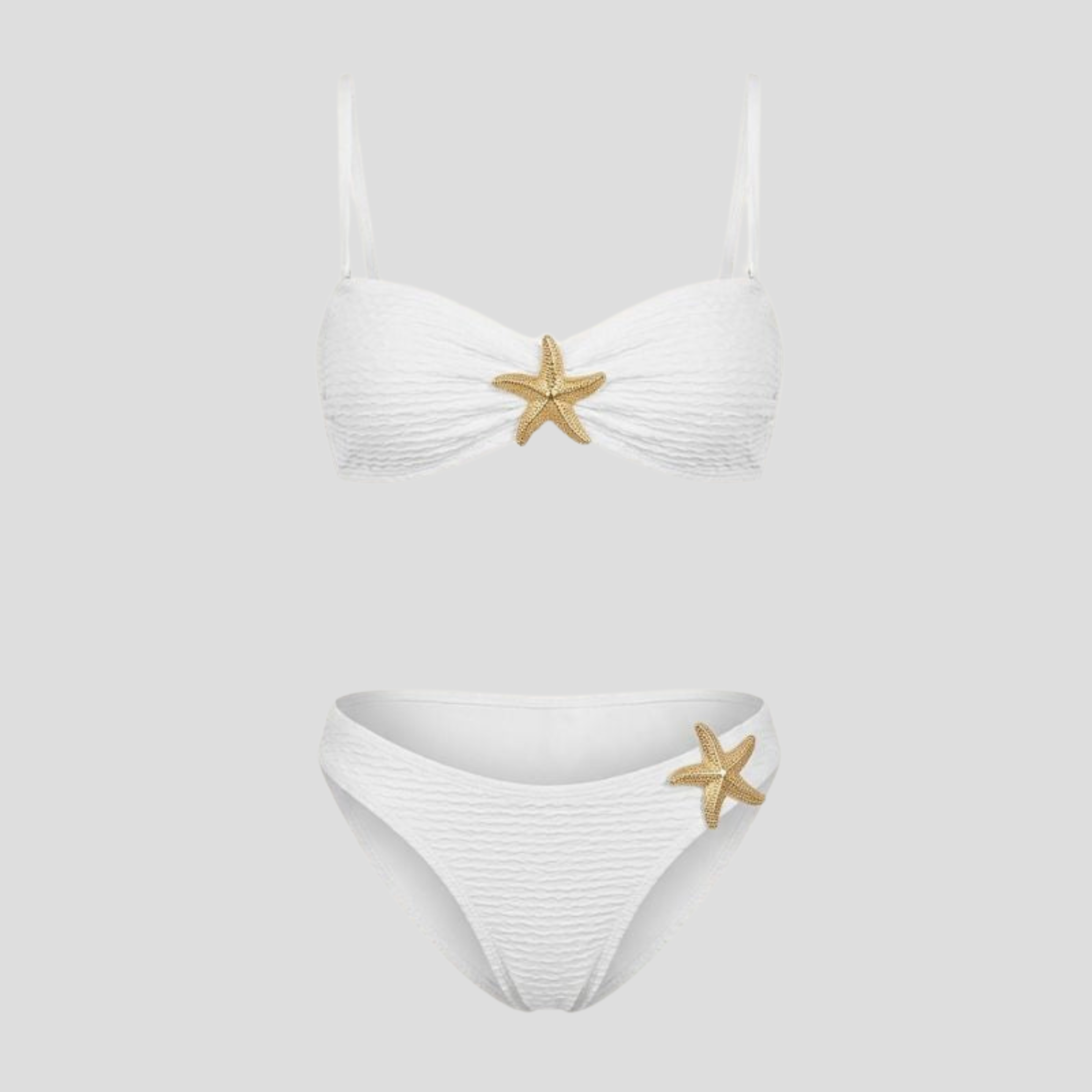 White bandeau bikini set with metallic star accent and high-cut bottoms