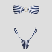 Blue ribbed two-piece bikini set with ring detail for women