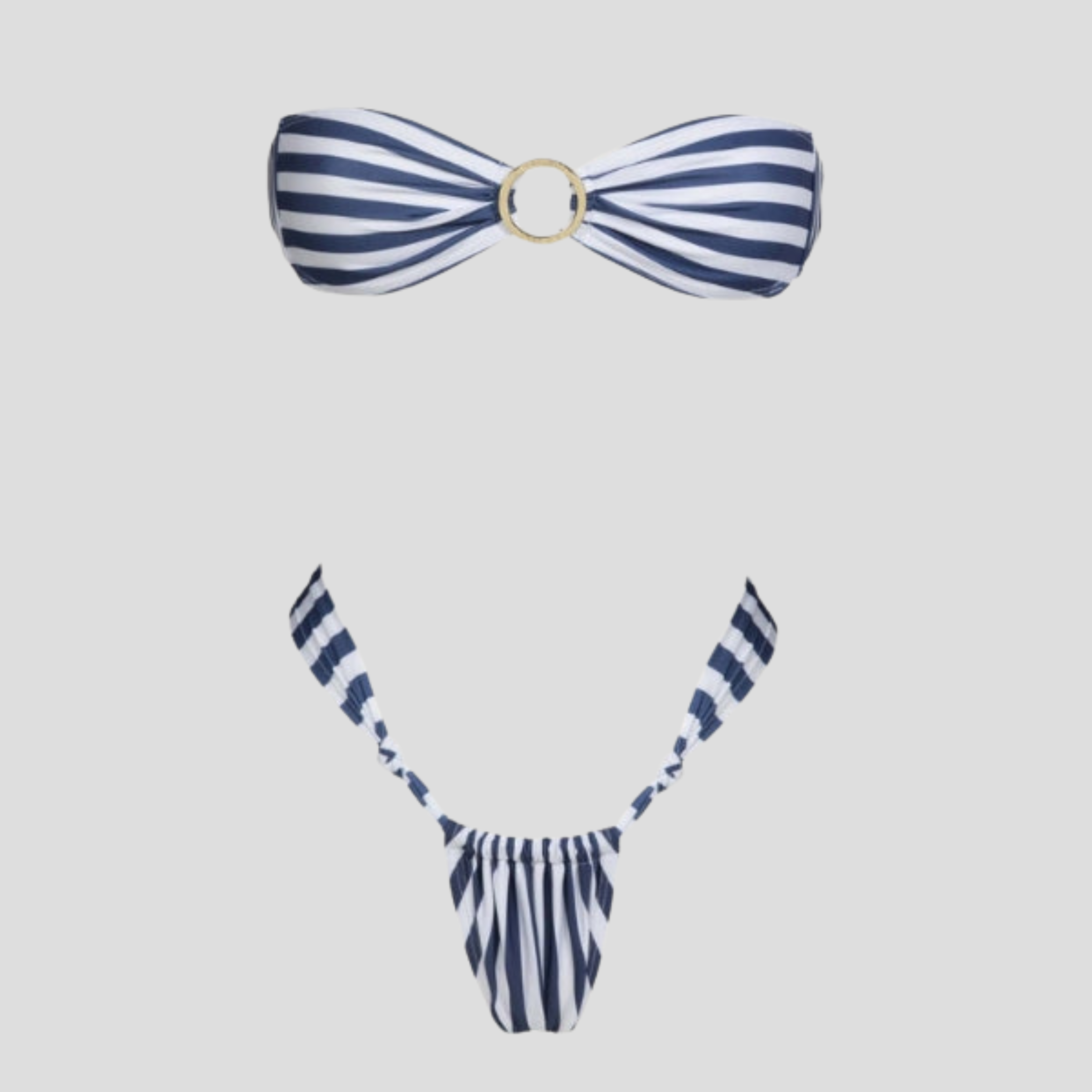 Blue ribbed two-piece bikini set with ring detail for women