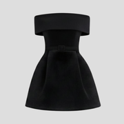 Black off-shoulder mini dress with belted waist and gently flared pleated skirt