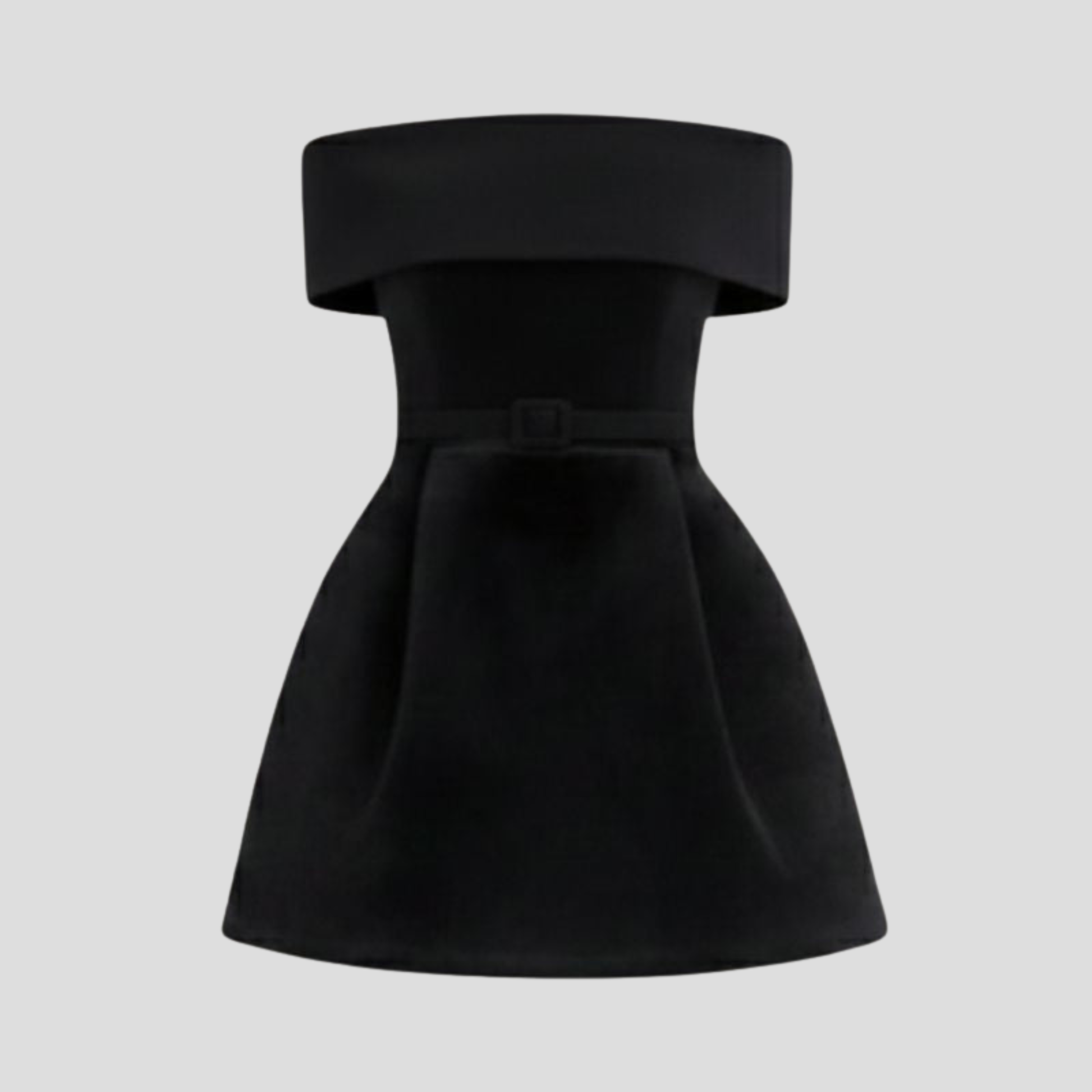 Black off-shoulder mini dress with belted waist and gently flared pleated skirt
