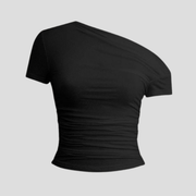 Women's asymmetric one-shoulder ruched top shown in black