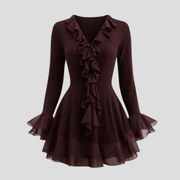 Brown deep V-neck mini dress with ruffle trim and front tie waist