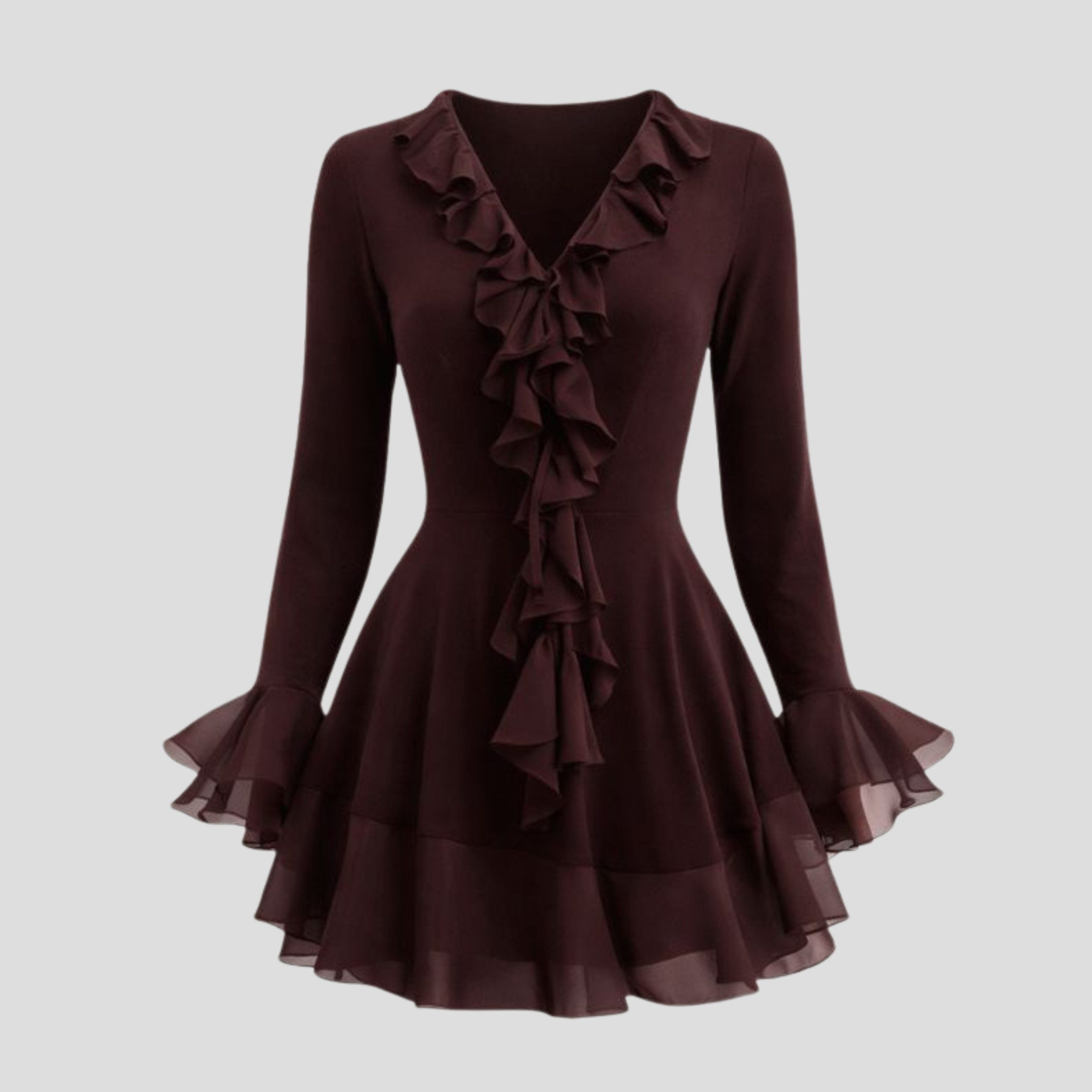 Brown deep V-neck mini dress with ruffle trim and front tie waist