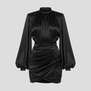 Women's high neckline ruched mini dress with balloon sleeves in black and white