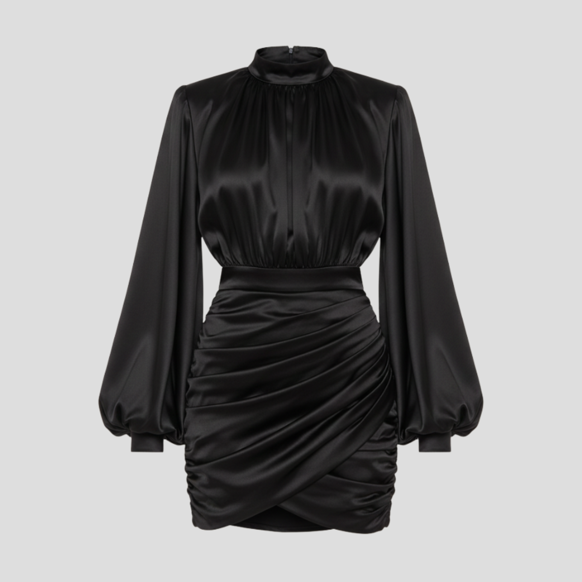 Women's high neckline ruched mini dress with balloon sleeves in black and white