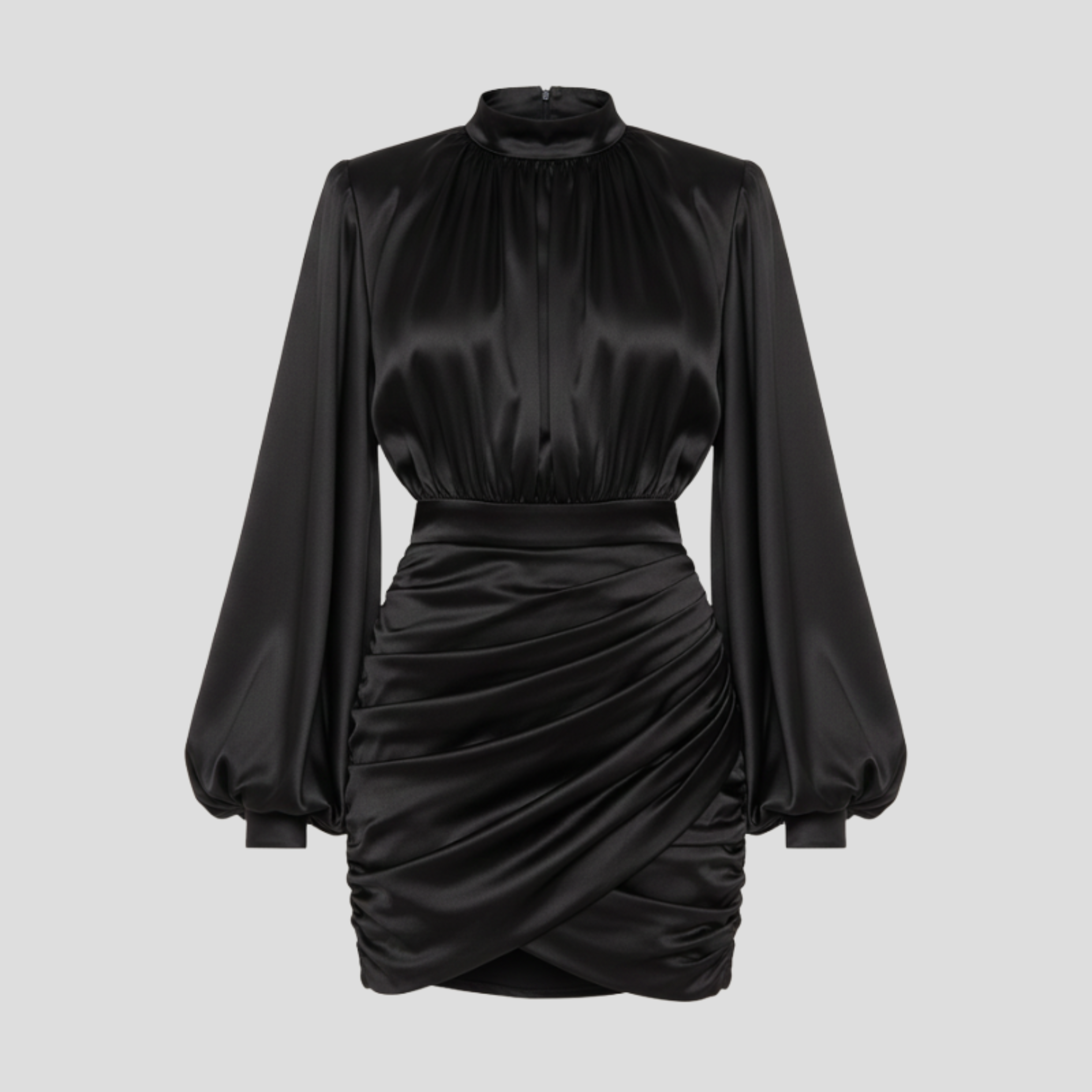 Women's high neckline ruched mini dress with balloon sleeves in black and white