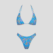Women's blue floral print halter neckline two-piece bikini set